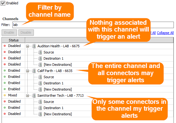 Image of the Enabled Channels sections where you can select which channels and connectors can trigger an alert.