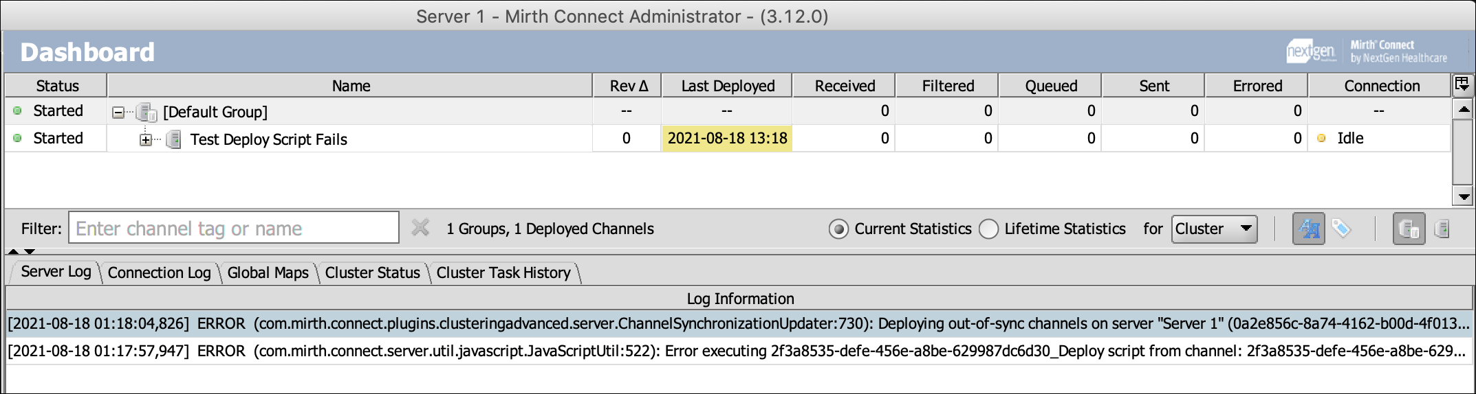 Image of a message in the server log indicating that strict channel synchronization is turned off.