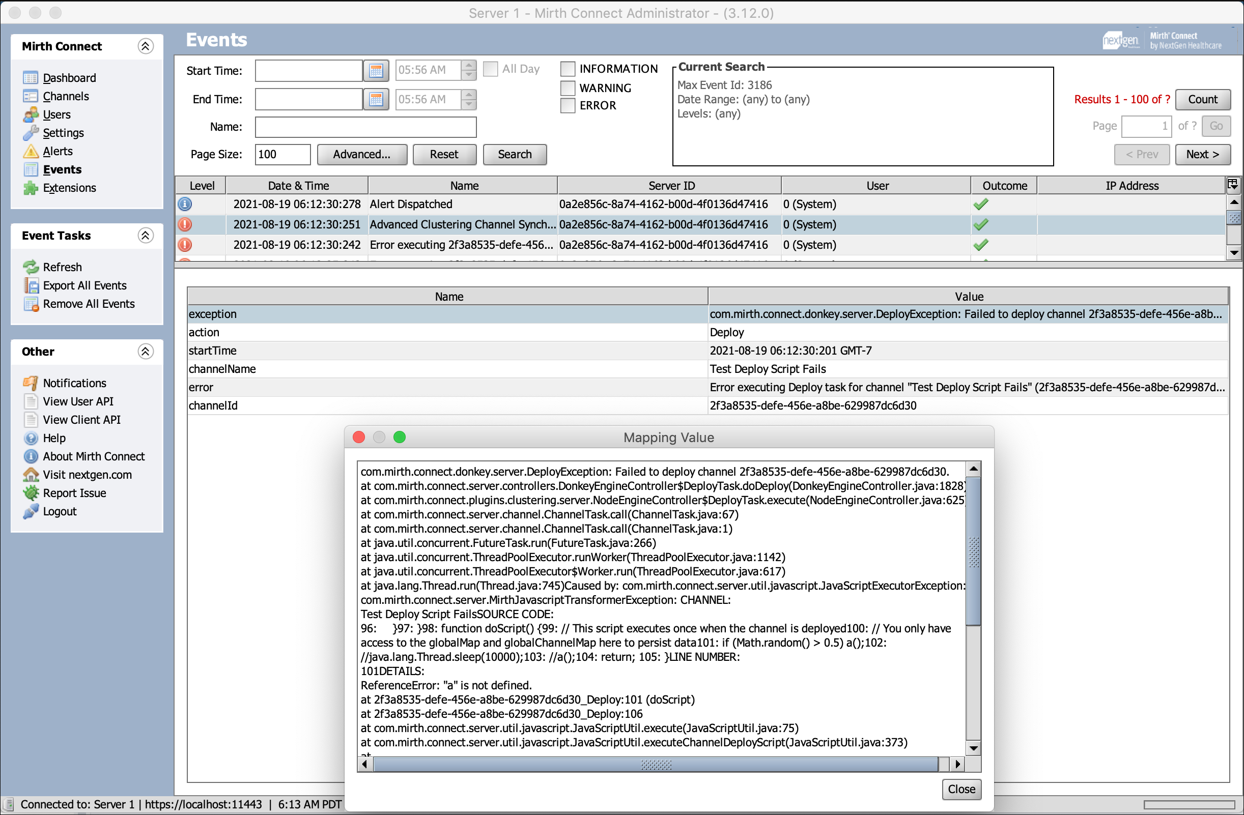 Image of a full exception stacktrace in the event attributes.