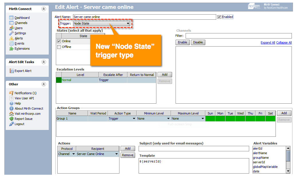 Creating a new alert using the node state trigger.