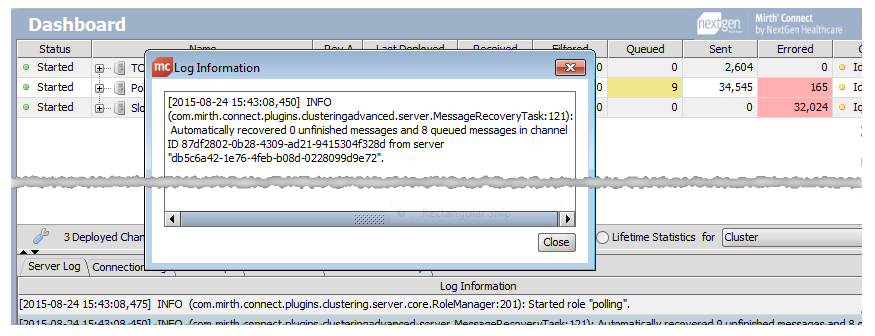 Image of a message in the server log indicating that a failure tok place.