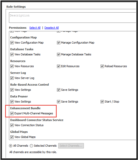 Export Multi-Channel Messages check box selected in the Permissions list