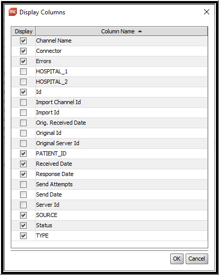 Columns selected in Display Columns window