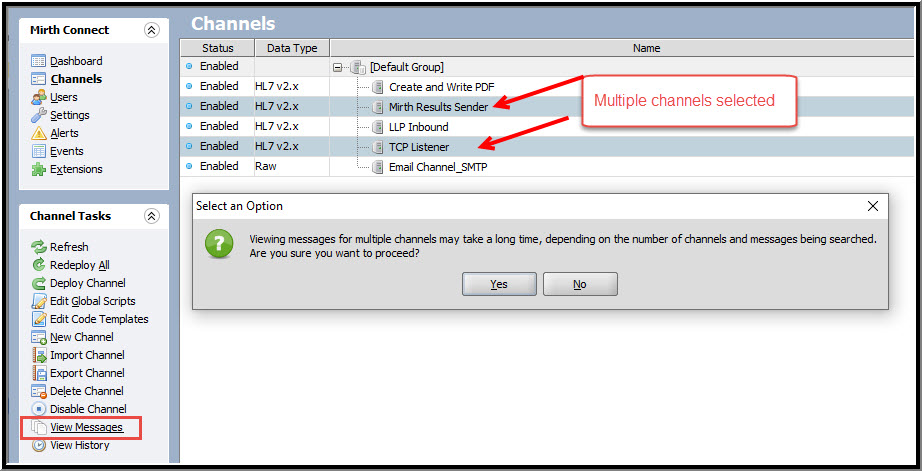 Channels view with multiple channels selected