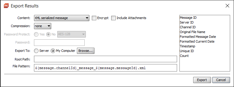 Export Results window