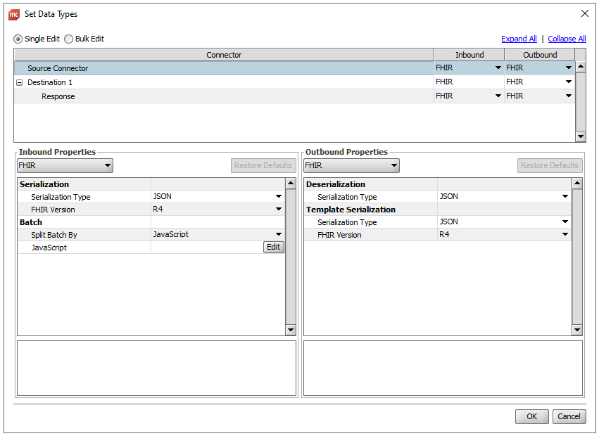 Image of the Set Data Types window