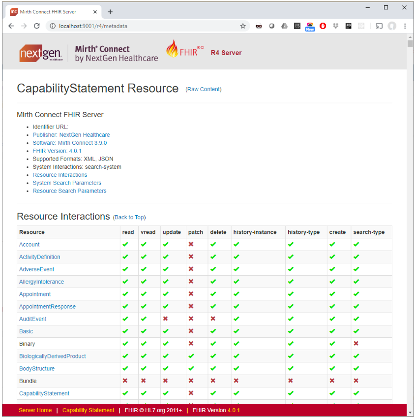 CapabilityStatement Resource data shown in Web browser