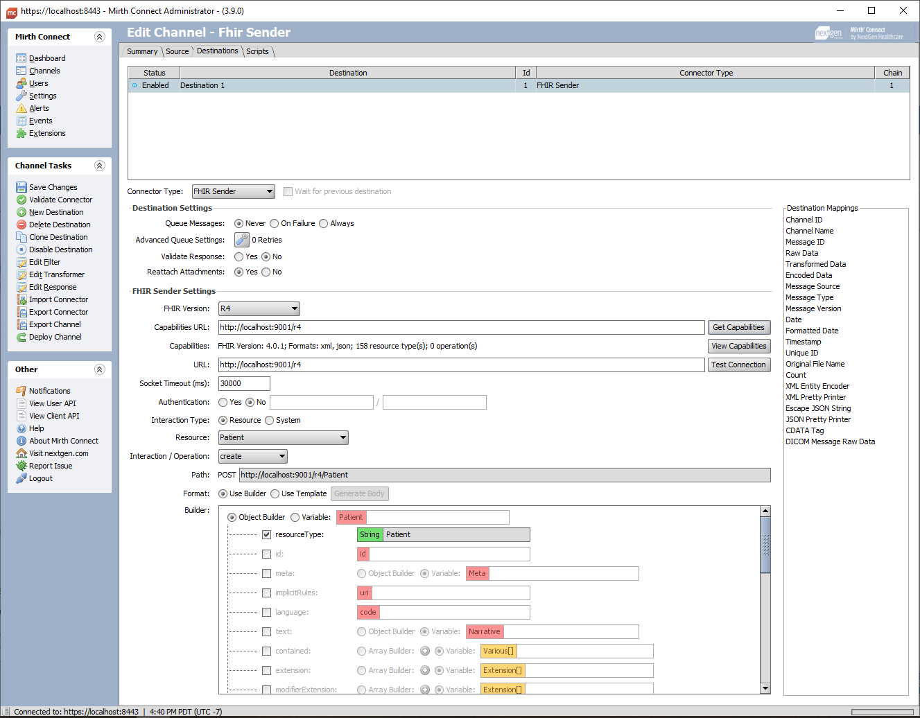 Image of the Edit Channel - Fhir Sender window