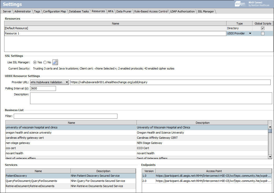 The UDDI Resource Settings section of the Settings window