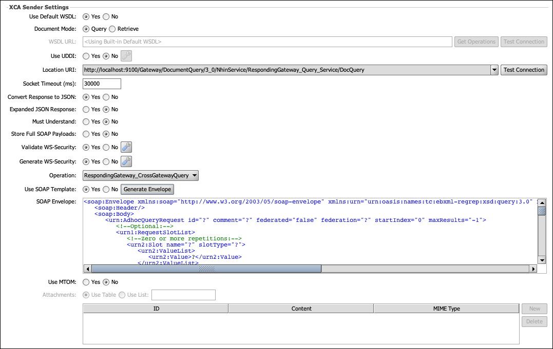 XCA Sender Settings window