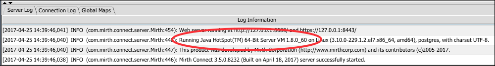 Java version entry "Running Java HotSpot(TM) 64-Bit Server VM 1.8.0_60" in server log