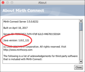 Java Version on About Mirth Connect window