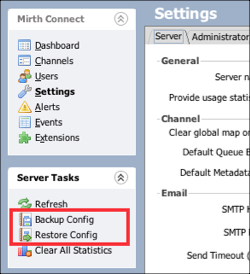 Backup Config and Restore Config buttons in the Server Tasks section