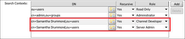 Search Contents list showing multiple entries for the same user with different roles