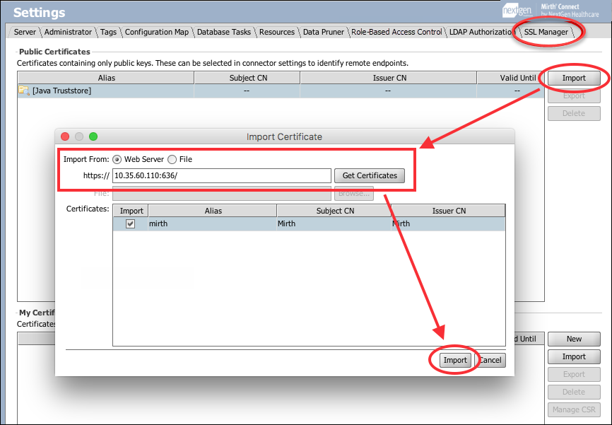 Selecting and importing a certificate from the SSL Manager tab