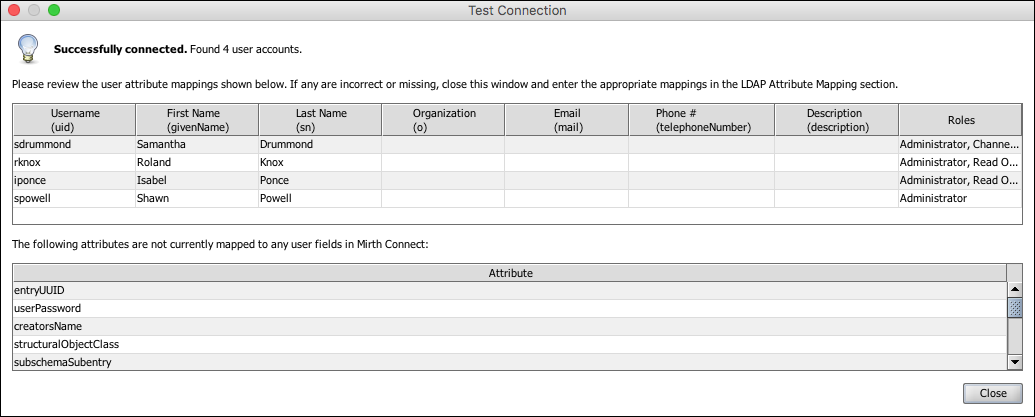 Test Connection Window