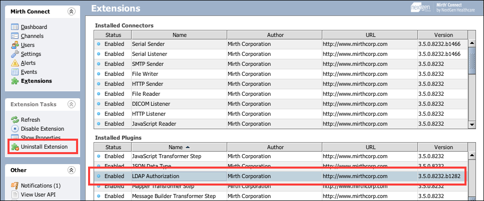 Selecting Uninstall Extension in the Extension Tasks