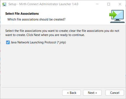 Administrator Launcher setup wizard Select File Associations screen