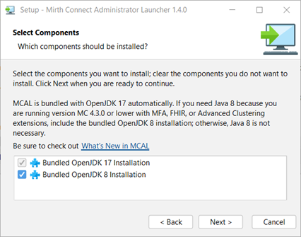 Administrator Launcher setup wizard Select components screen