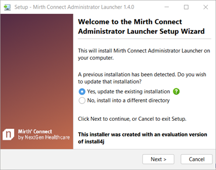 Administrator Launcher setup wizard Welcome screen