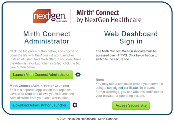 Mirth Connect launch page