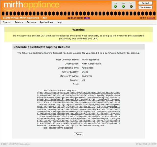 Generate a Certificate Signing Request window