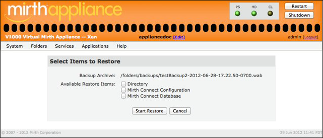 Select Items to Restore window