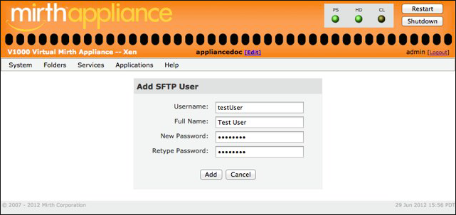 Add SFTP User window