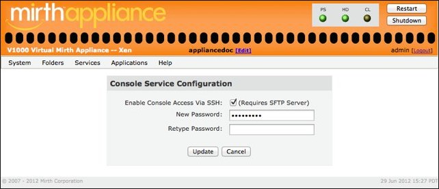 Console Service Configuration window