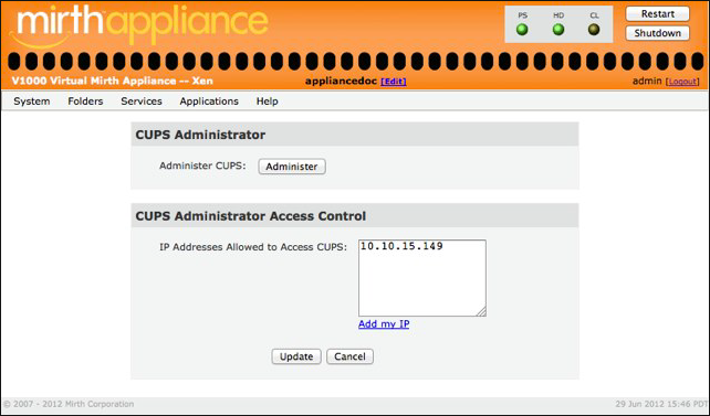 CUPS Administrator window