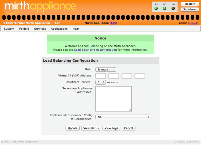 Load Balancing Configuration window