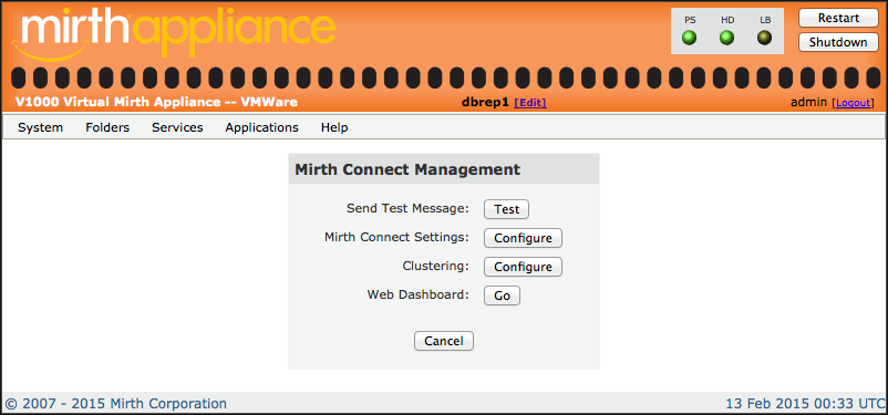 Mirth Connect Management window