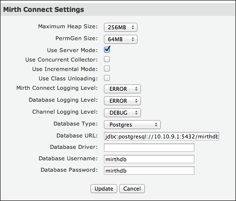 Mirth Connect Settings window