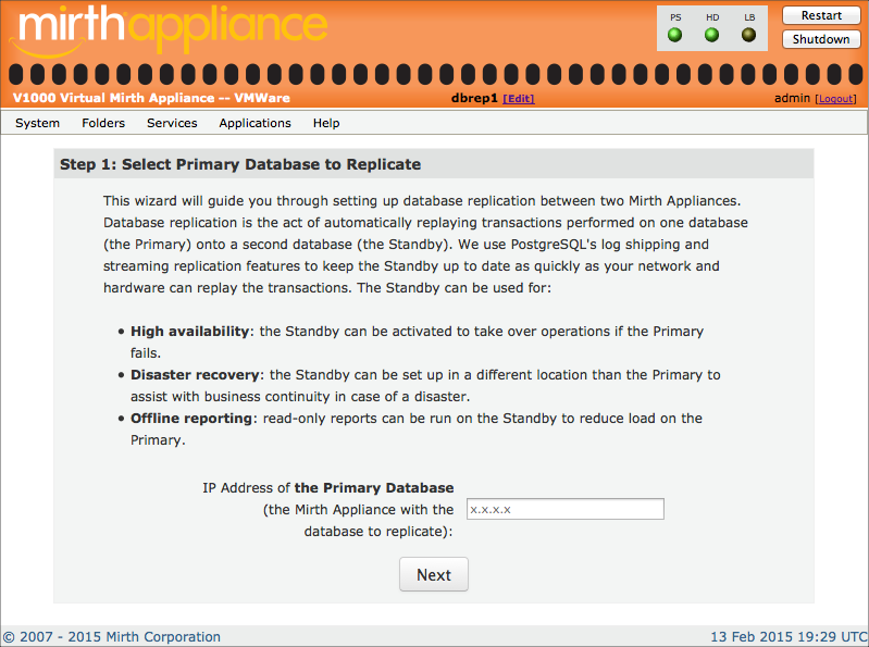 Select Primary Database to Replicate window