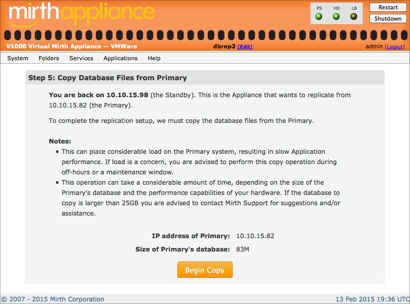 Copy Database Files from Primary window