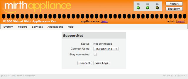 SupportNet connection type window with TCP port 443 selected