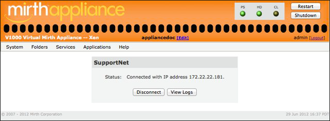 SupportNet connection status window