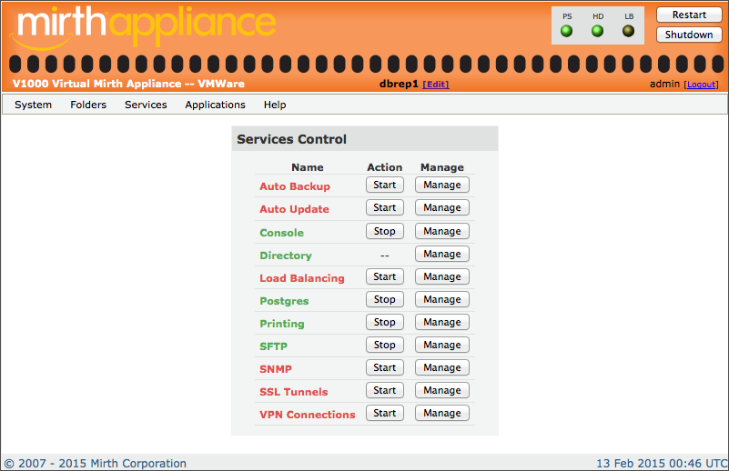 Services Control window