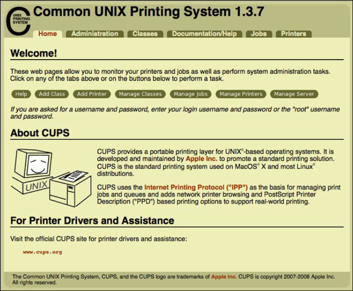 Common UNIX Printing System window
