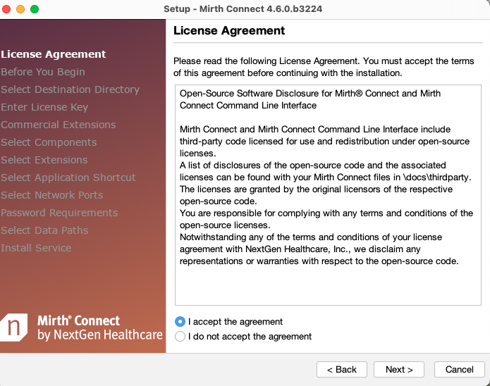 An image of the License Agreement window of the Setup Wizard.