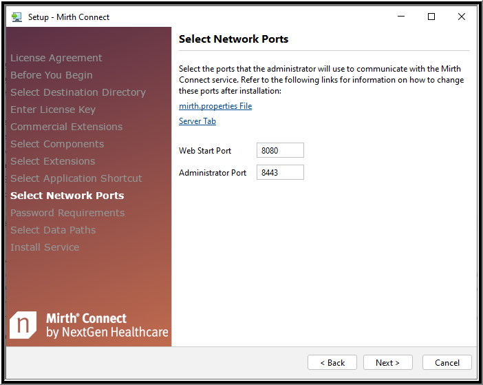 An image of the Server Settings - Network Ports window of the Setup Wizard.