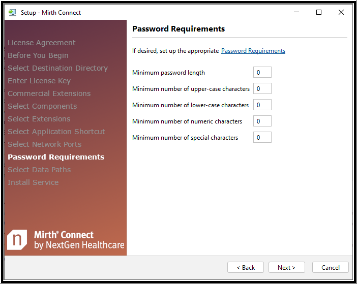 An image of the Security Settings - Password Requirements window of the Setup Wizard.