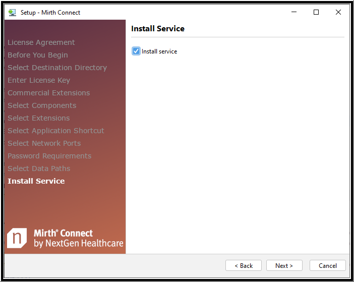 An image of the Server Settings - Service window of the Setup Wizard.