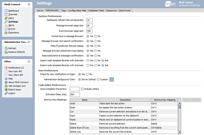 image of the Administrator Settings tab