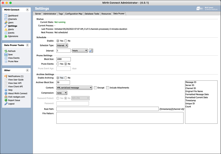 Image of the Data Pruner Settings tab.