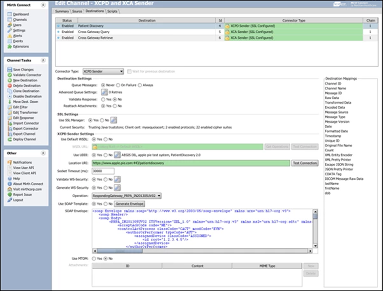 Image of configuration settings for the XCPD and XCA sender.