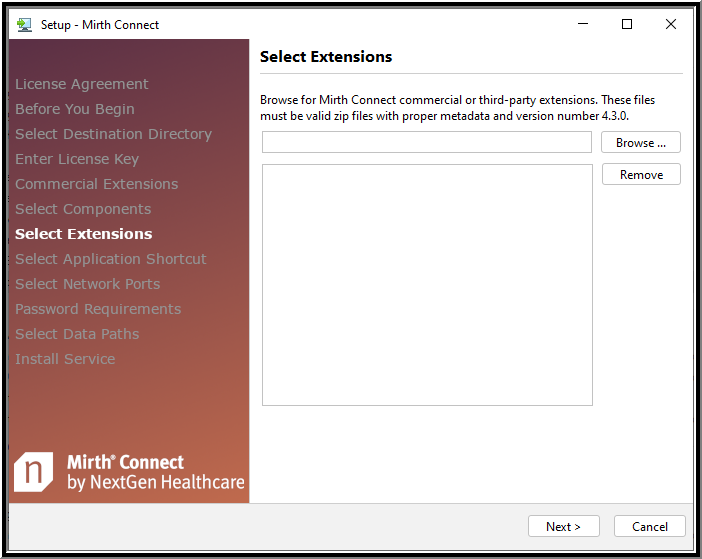An image of the Select Extensions screen of the Setup Wizard.