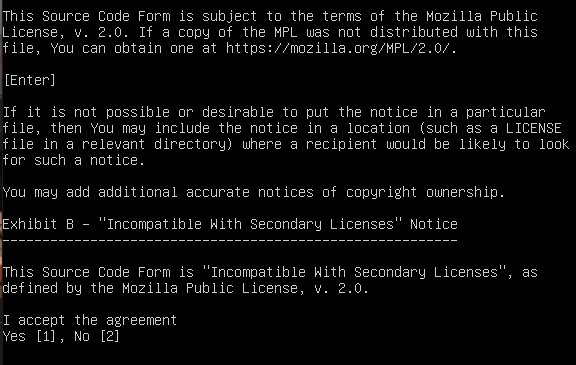 Image of the command line installer license acceptance screen.
