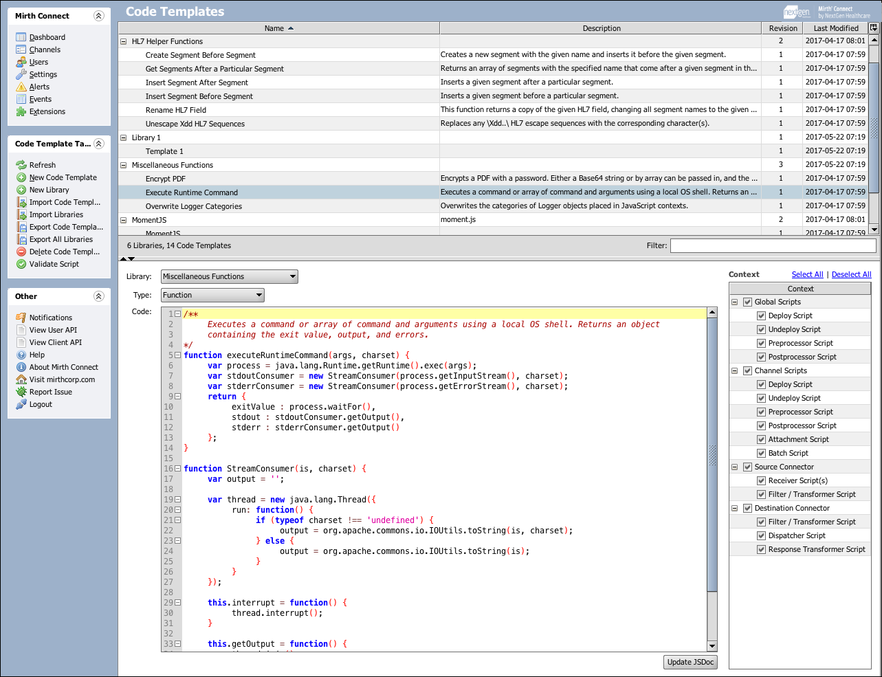 Image of the Code Templates where code templates and libraries are configured for your server.