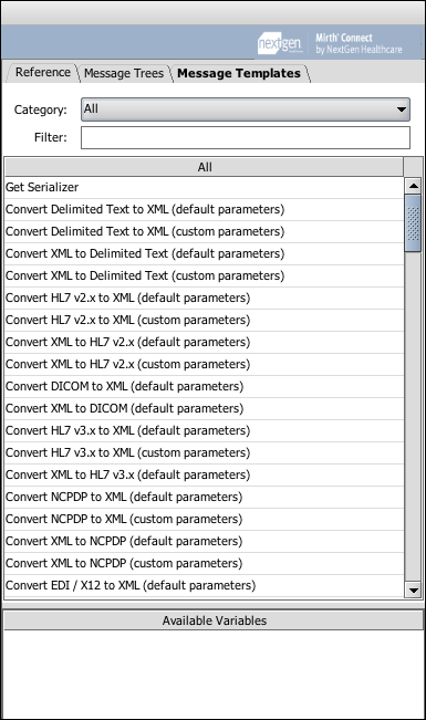 Image of the Reference tab which provides helpful variables and templates you can use within your filter rules and transformer steps.